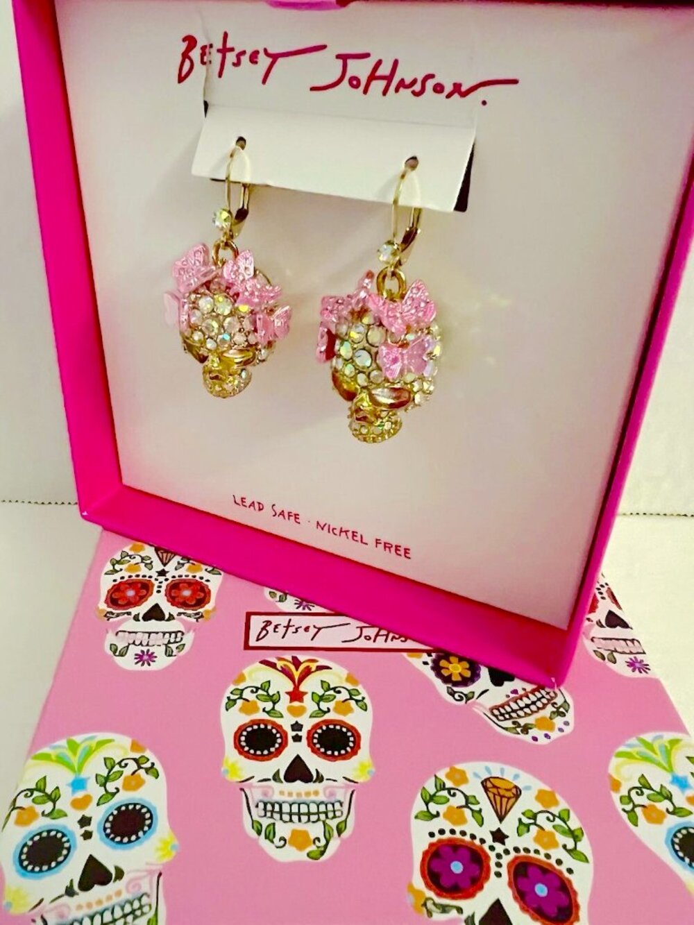 Betsey Johnson Sugar Skull Drop Earrings Gold Tone Crystals Colorful Butterflies